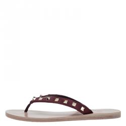Pre Owned Valentino Burgundy Rockstud Satin Thong Sandals Size 39