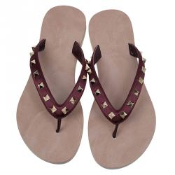 Pre Owned Valentino Burgundy Rockstud Satin Thong Sandals Size 39