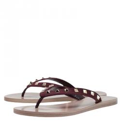 Pre Owned Valentino Burgundy Rockstud Satin Thong Sandals Size 39
