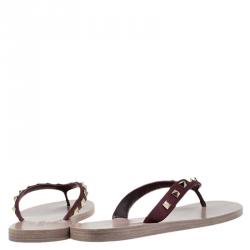 Pre Owned Valentino Burgundy Rockstud Satin Thong Sandals Size 39