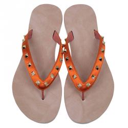 Pre Owned Valentino Orange Rockstud Satin Thong Sandals Size 41
