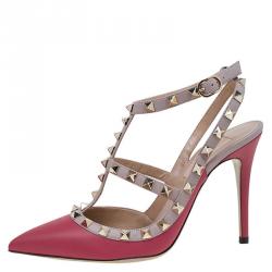 Pre Owned Valentino Red and Beige Leather Rockstud Sandals Size 36.5
