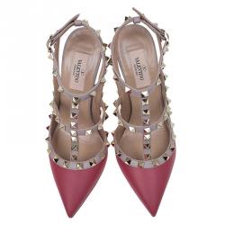 Pre Owned Valentino Red and Beige Leather Rockstud Sandals Size 36.5
