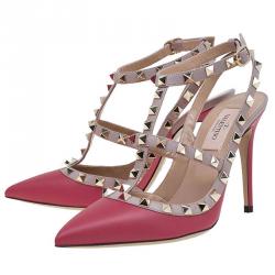 Pre Owned Valentino Red and Beige Leather Rockstud Sandals Size 36.5