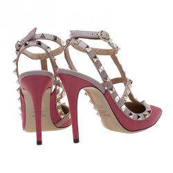 Pre Owned Valentino Red and Beige Leather Rockstud Sandals Size 36.5