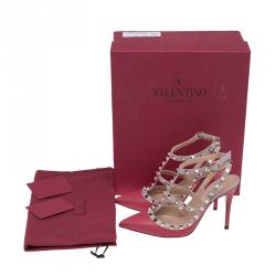 Pre Owned Valentino Red and Beige Leather Rockstud Sandals Size 36.5