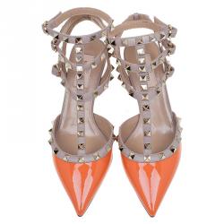 Pre Owned Valentino Orange and Beige Leather Rockstud Sandals Size 38