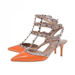 Pre Owned Valentino Orange and Beige Leather Rockstud Sandals Size 38