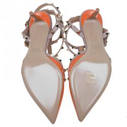 Pre Owned Valentino Orange and Beige Leather Rockstud Sandals Size 38