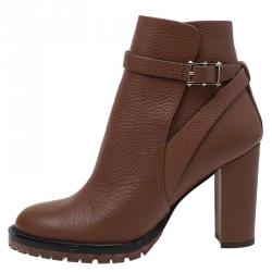 Pre Owned Valentino Brown Leather Block Heel Ankle Boots Size 39