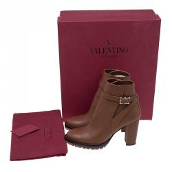 Pre Owned Valentino Brown Leather Block Heel Ankle Boots Size 39