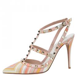 Pre Owned Valentino Native Couture 1975 Print Leather Rockstud Sandals Size 40