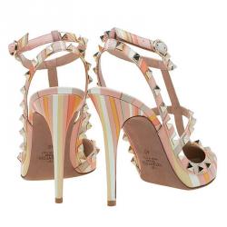 Pre Owned Valentino Native Couture 1975 Print Leather Rockstud Sandals Size 40