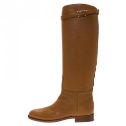 Pre Owned Valentino Brown Leather Rockstud Buckle Riding Knee Boots Size 40