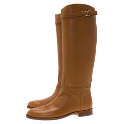 Pre Owned Valentino Brown Leather Rockstud Buckle Riding Knee Boots Size 40