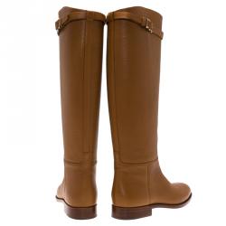 Pre Owned Valentino Brown Leather Rockstud Buckle Riding Knee Boots Size 40