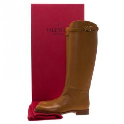 Pre Owned Valentino Brown Leather Rockstud Buckle Riding Knee Boots Size 40