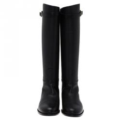 Pre Owned Valentino Black Leather Rockstud Buckle Riding Knee Boots Size 39.5