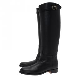 Pre Owned Valentino Black Leather Rockstud Buckle Riding Knee Boots Size 39.5