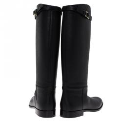 Pre Owned Valentino Black Leather Rockstud Buckle Riding Knee Boots Size 39.5