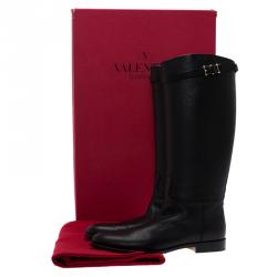 Pre Owned Valentino Black Leather Rockstud Buckle Riding Knee Boots Size 39.5