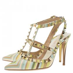 Pre Owned Valentino Native Couture 1975 Print Leather Rockstud Sandals Size 37