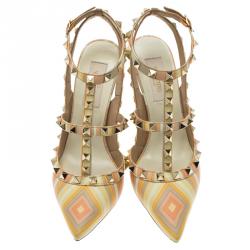 Pre Owned Valentino Native Couture 1975 Print Leather Rockstud Sandals Size 36