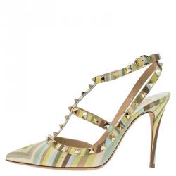 Pre Owned Valentino Native Couture 1975 Print Leather Rockstud Sandals Size 38.5