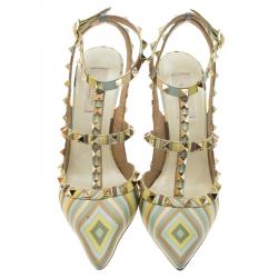 Pre Owned Valentino Native Couture 1975 Print Leather Rockstud Sandals Size 38.5