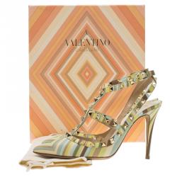 Pre Owned Valentino Native Couture 1975 Print Leather Rockstud Sandals Size 38.5