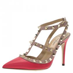 Pre Owned Valentino Red and Beige Leather Rockstud Sandals Size 35.5