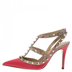Pre Owned Valentino Red and Beige Leather Rockstud Sandals Size 35.5