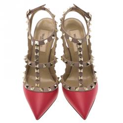 Pre Owned Valentino Red and Beige Leather Rockstud Sandals Size 35.5