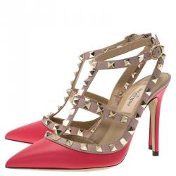Pre Owned Valentino Red and Beige Leather Rockstud Sandals Size 35.5