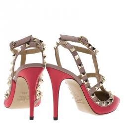 Pre Owned Valentino Red and Beige Leather Rockstud Sandals Size 35.5