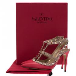 Pre Owned Valentino Red and Beige Leather Rockstud Sandals Size 35.5