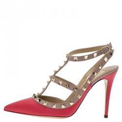 Pre Owned Valentino Red and Beige Leather Rockstud Sandals Size 40