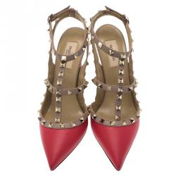 Pre Owned Valentino Red and Beige Leather Rockstud Sandals Size 40