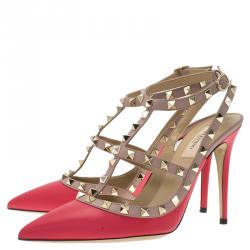 Pre Owned Valentino Red and Beige Leather Rockstud Sandals Size 40
