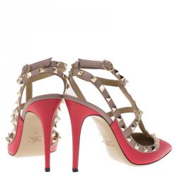 Pre Owned Valentino Red and Beige Leather Rockstud Sandals Size 40