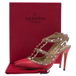 Pre Owned Valentino Red and Beige Leather Rockstud Sandals Size 40