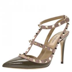 Pre Owned Valentino Olive Green Patent and Beige Leather Rockstud Sandals Size 36.5