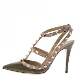 Pre Owned Valentino Olive Green Patent and Beige Leather Rockstud Sandals Size 36.5