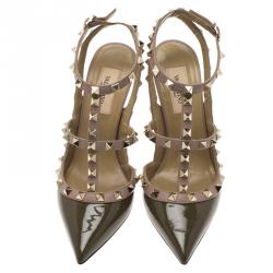 Pre Owned Valentino Olive Green Patent and Beige Leather Rockstud Sandals Size 36.5