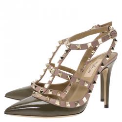 Pre Owned Valentino Olive Green Patent and Beige Leather Rockstud Sandals Size 36.5