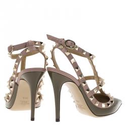 Pre Owned Valentino Olive Green Patent and Beige Leather Rockstud Sandals Size 36.5