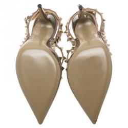 Pre Owned Valentino Olive Green Patent and Beige Leather Rockstud Sandals Size 36.5