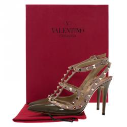 Pre Owned Valentino Olive Green Patent and Beige Leather Rockstud Sandals Size 36.5