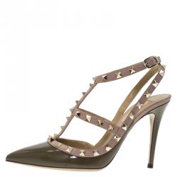 Pre Owned Valentino Olive Green Patent and Beige Leather Rockstud Sandals Size 38