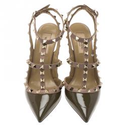 Pre Owned Valentino Olive Green Patent and Beige Leather Rockstud Sandals Size 38